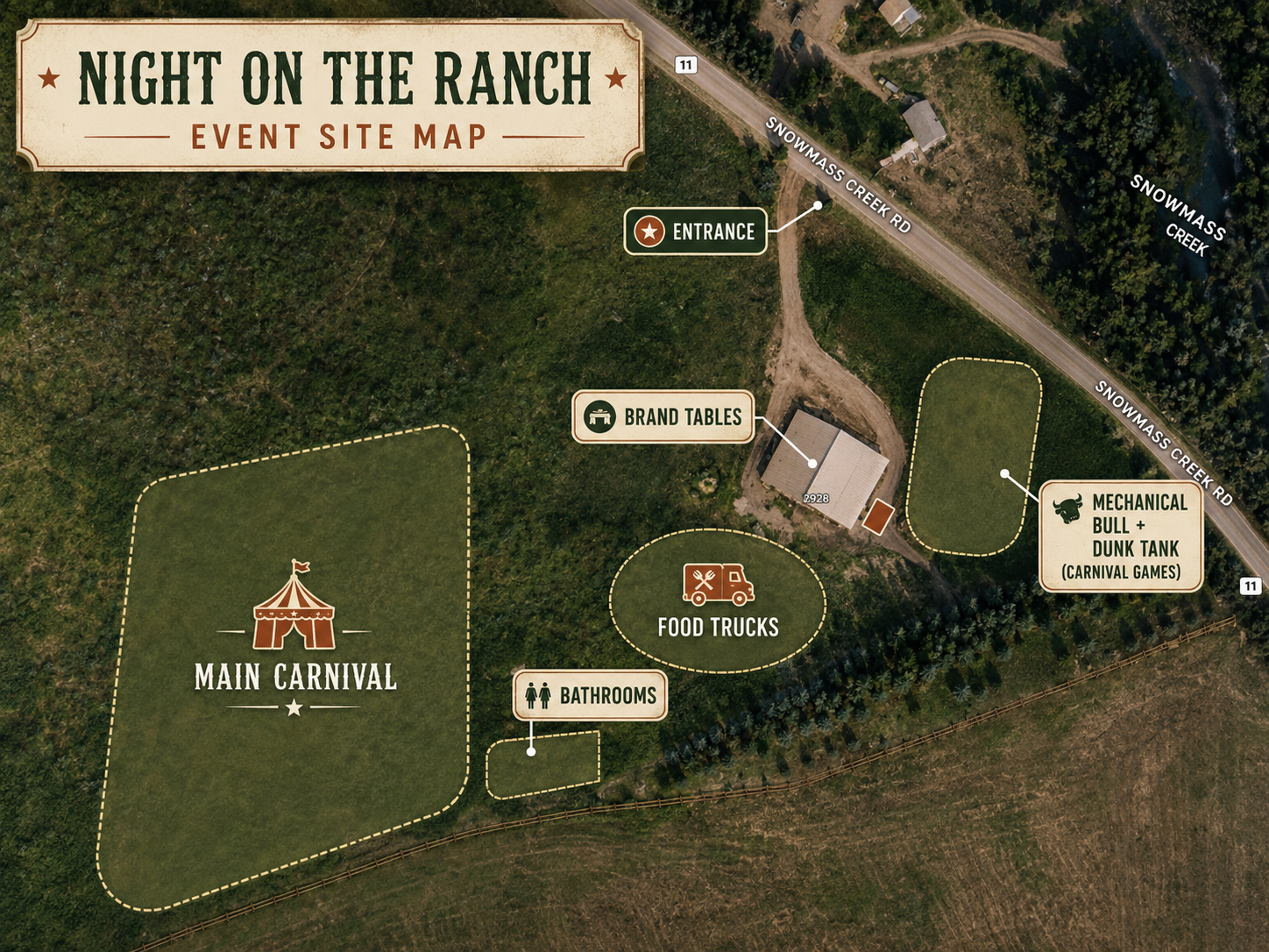 Night on the Ranch site map showing activation zones, food trucks, main stage, and ranch grounds